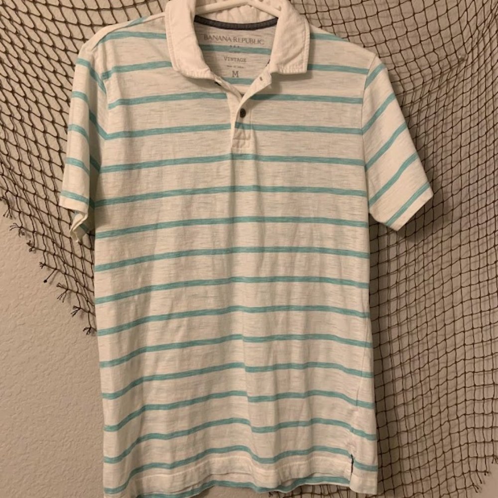 Banana Republic - Vintage White / Blue Stripped Mens Polo - Size Medium